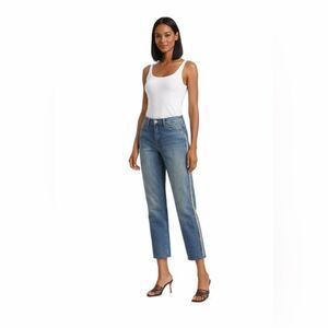 NWOT Johanna Ortiz Adventurist Size 8 Frayed Blue Straight Leg Jeans Mid Rise